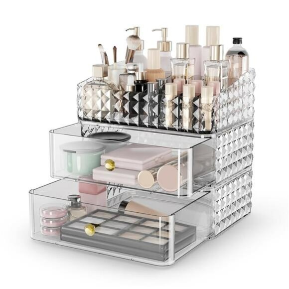 Clear stackable makeup organizer with drawers tray vanity storage case - Picture 1 of 7